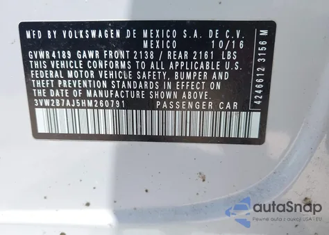 2017 Volkswagen Jetta 1.4T S from USA, damaged, VIN 3VW2B7AJ5HM260791